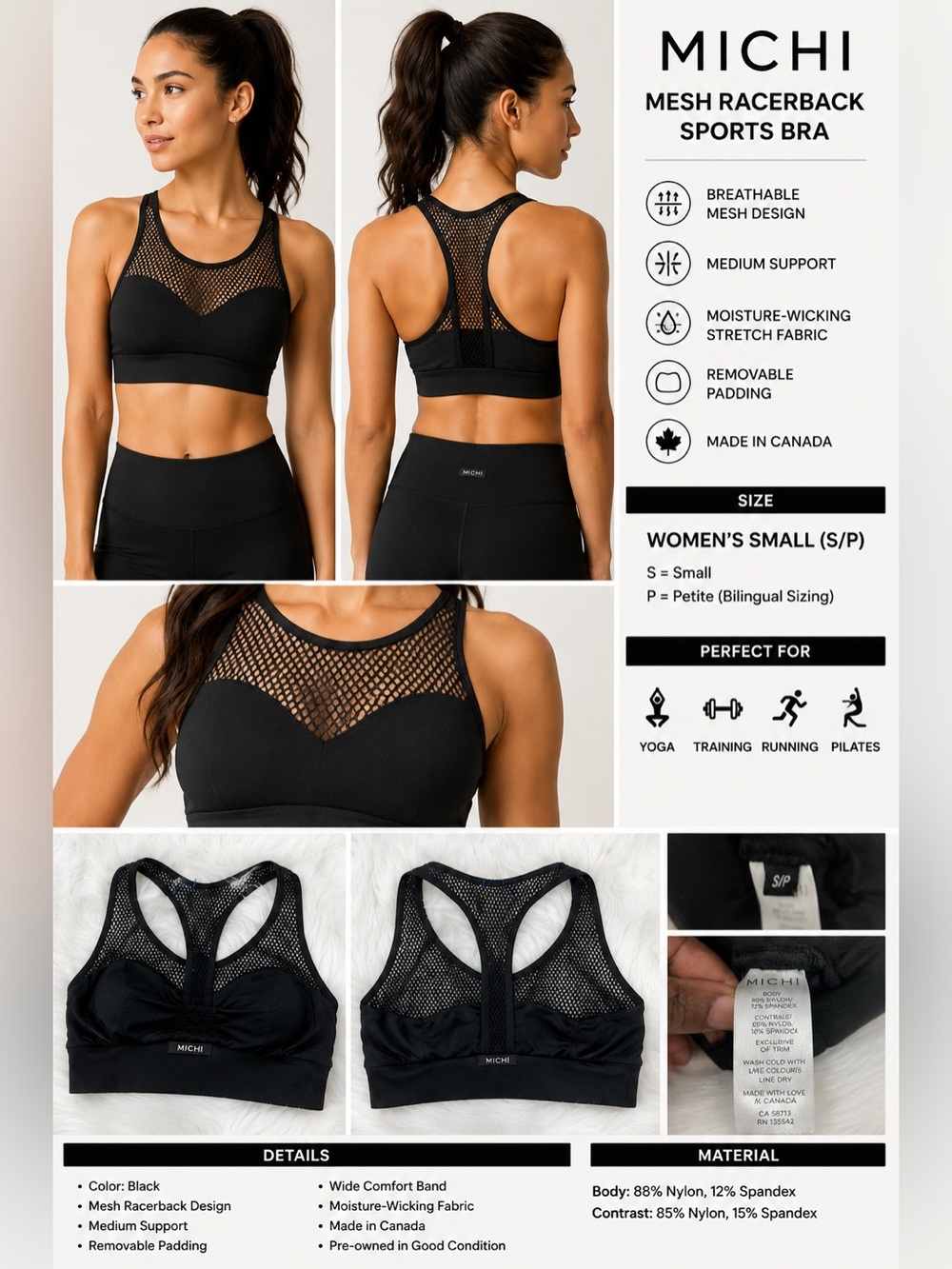 Michi Black Mesh Racerback Sports Bra Women's Small S/P Medium Support Athletic